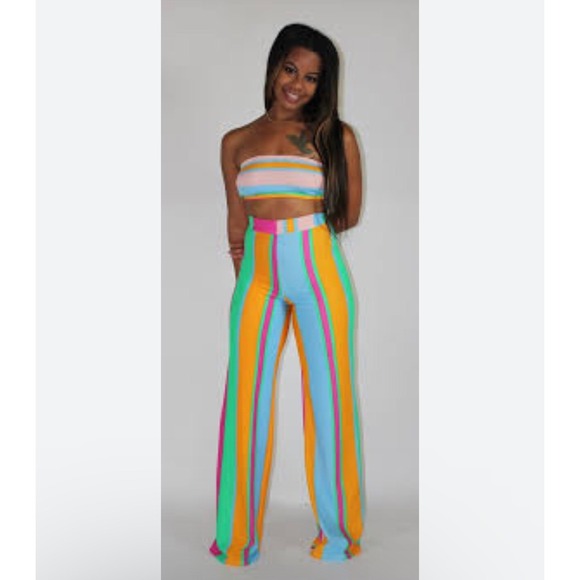 Touchdolls Two Piece Crop Top Bell Bottom Pants Set Size 2 XS Stripe Stretch - Picture 6 of 16